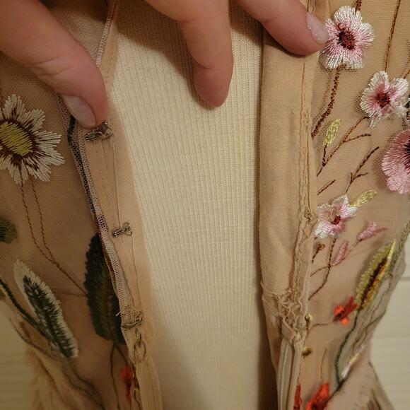 Floral Embroidered Mesh Midi Dress Handmade Beige Sheer Tassel Sleeve XS-S - Picture 7 of 8